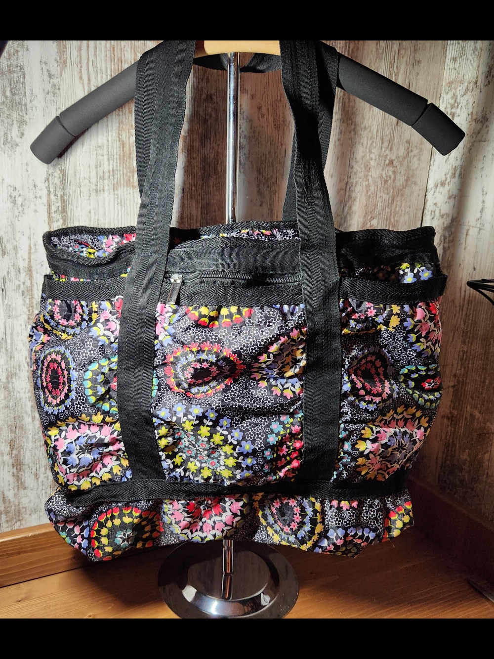 Aphorism Black Nylon Multi Color Tote Floral Medallions Side Pockets Zippers - Picture 14 of 14